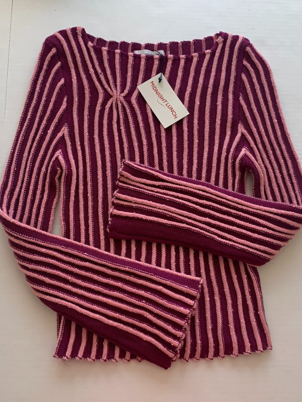 NWT Midnight Lunch Large Striped Knit Sweater Pink Burgundy Long Sleeve New